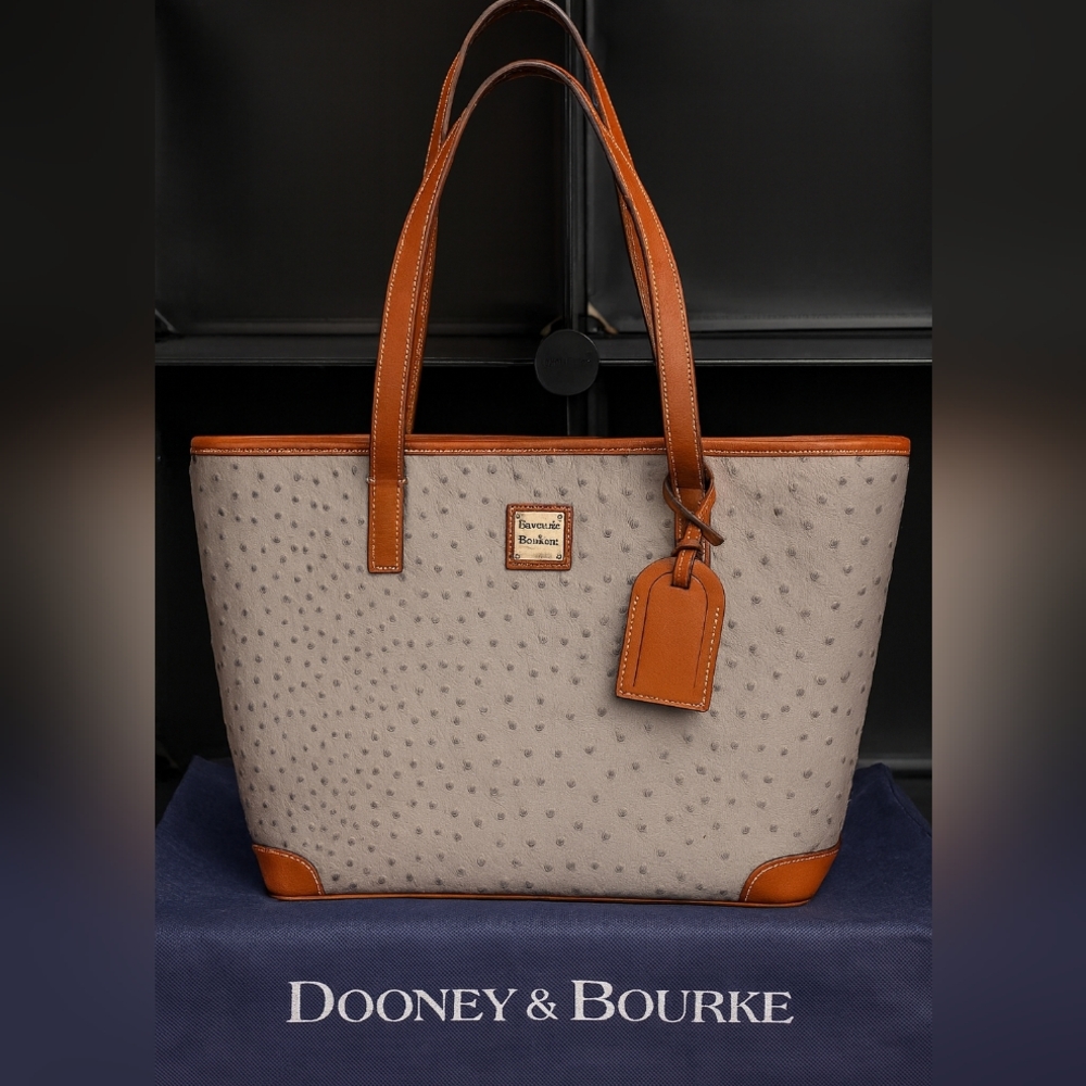 Dooney & Bourke Ostrich Leather Gray and Brown Tote - Picture 1 of 17